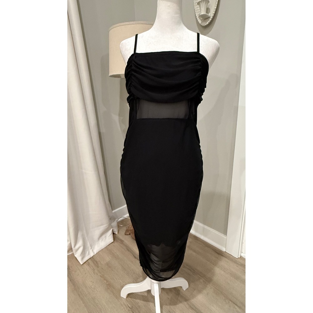 PrettyLittleThing Black Ruched Mesh Sheer Waist Midi Dress USA 10 NWT